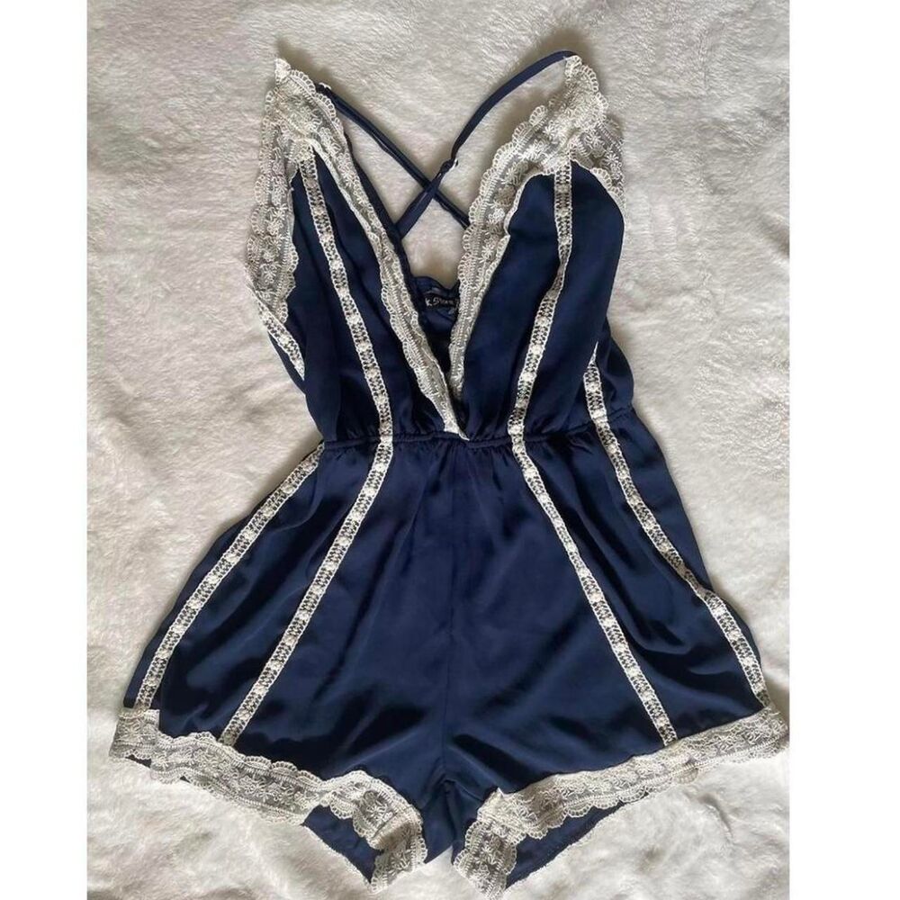 Navy Blue and White lace cami top romper Playsuit-romper